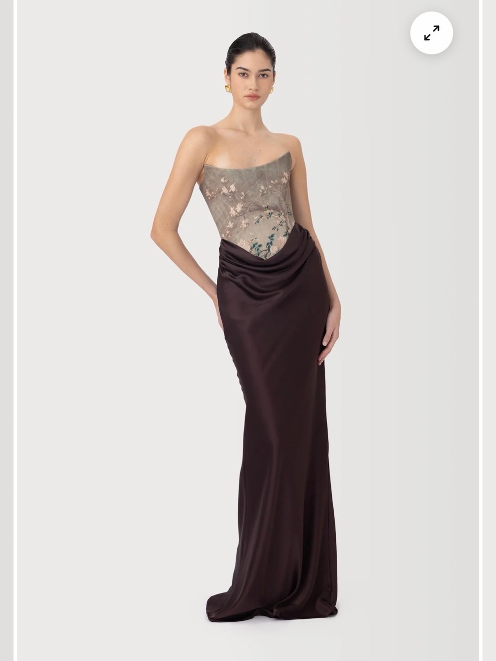 Strapless Satin Evening Gown in Deep Brown with Floral Bodice